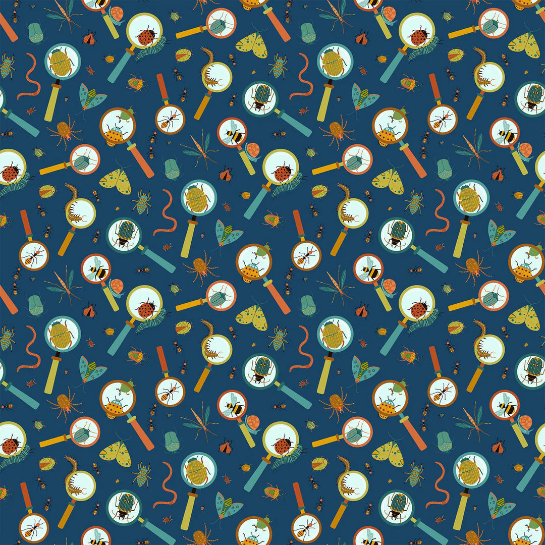 Northcott Fabrics - Backyard Bug Collector, Magnifying Glass, Navy Multi || SOLD BY THE HALF YARD