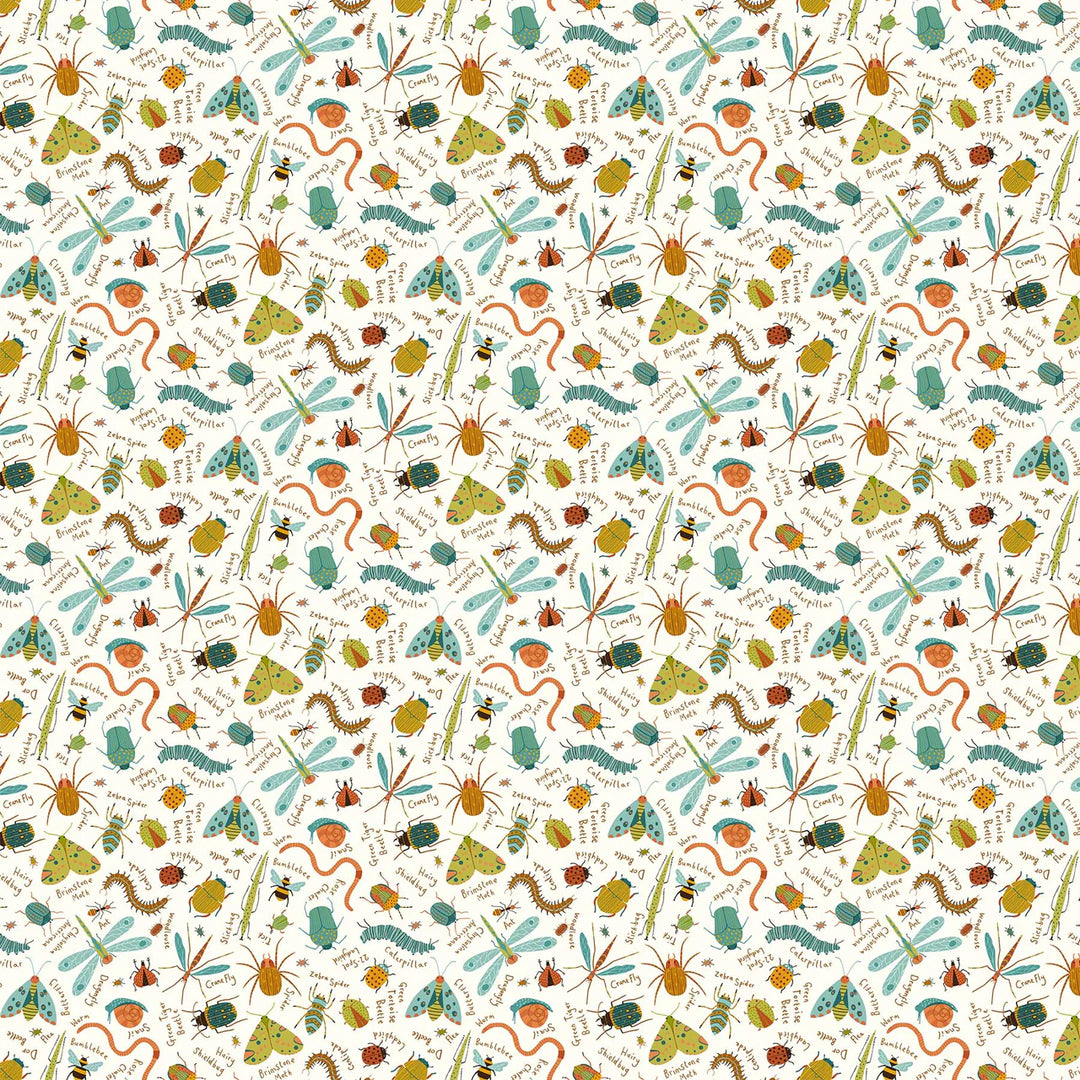 Northcott Fabrics - Backyard Bug Collector, Large Tossed Bugs, Cream Multi || SOLD BY THE HALF YARD