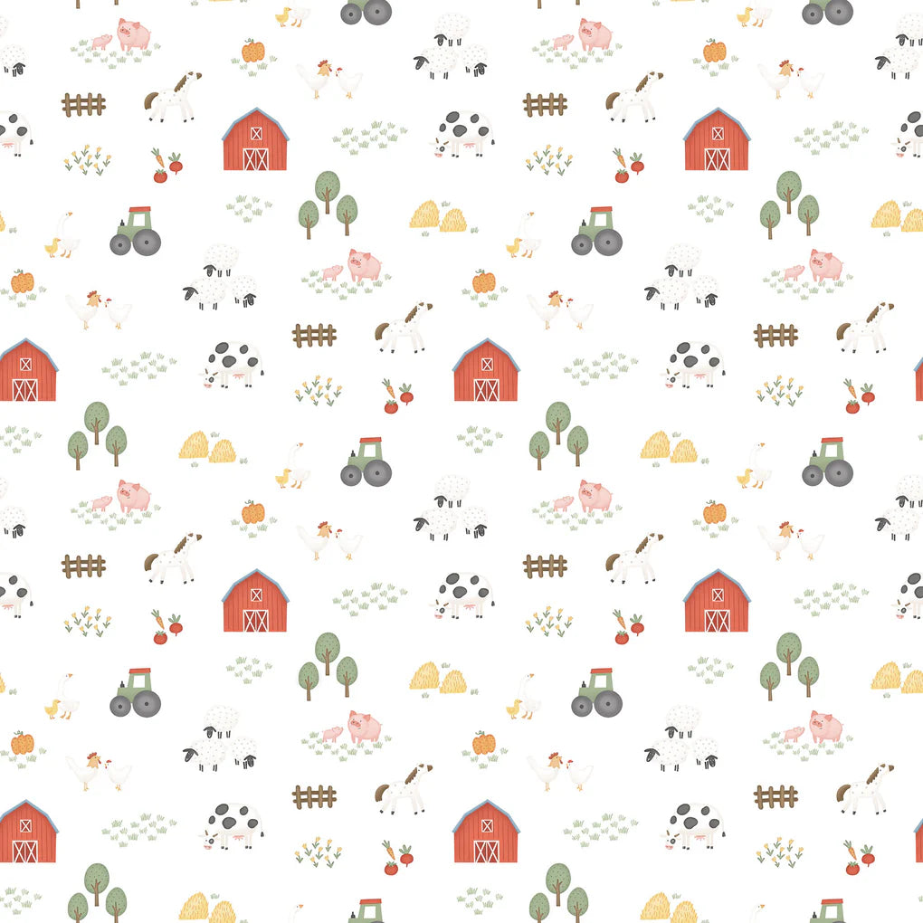 Northcott Fabrics - Quack Quack Moo, Lg Farm Scene, White Multi || SOLD BY THE HALF YARD