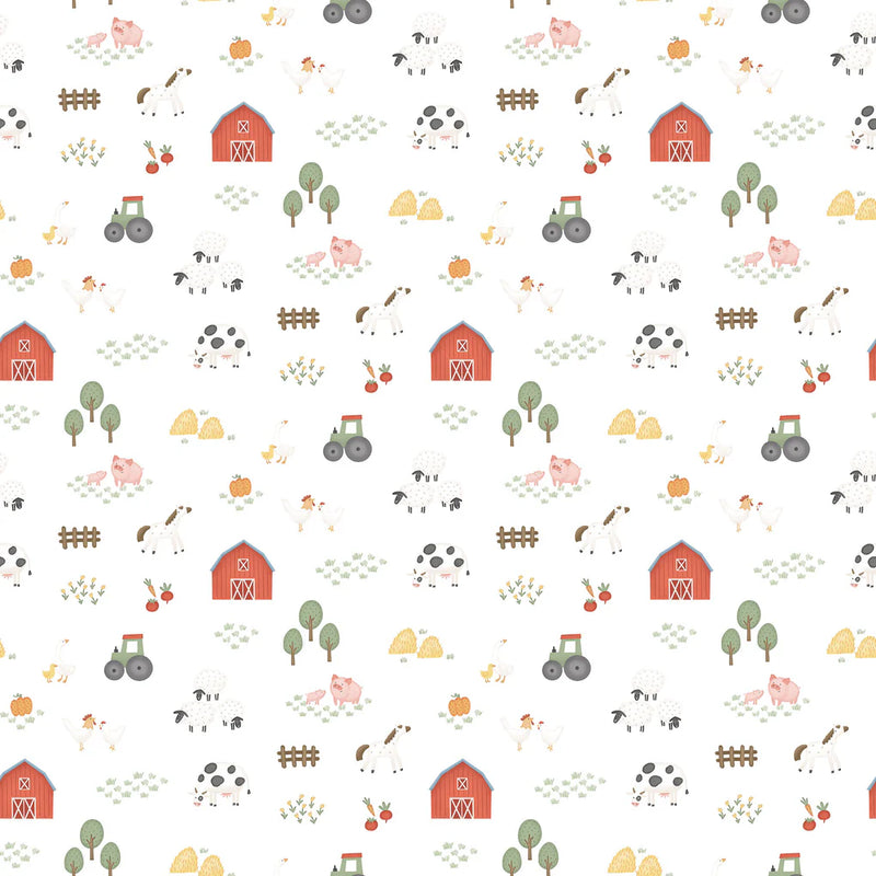 Northcott Fabrics - Quack Quack Moo, Lg Farm Scene, White Multi || SOLD BY THE HALF YARD