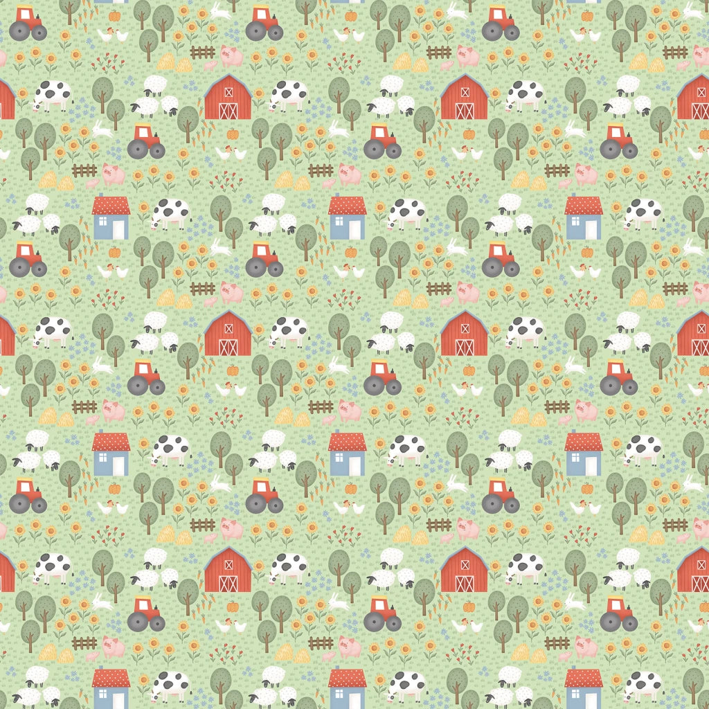 Northcott Fabrics - Quack Quack Moo Sm Farm Scene, Green Multi || SOLD BY THE HALF YARD