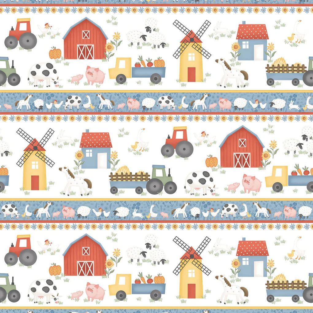 Northcott Fabrics - Quack Quack Moo, Border Stripe, White Multi || SOLD BY THE HALF YARD