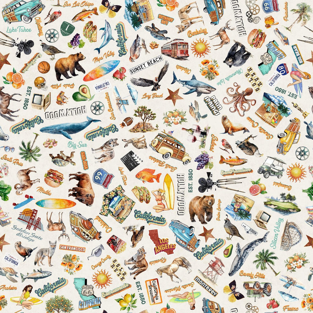 Quilting Treasures Fabric - California Dreaming, California Icons, Ecru || SOLD BY THE HALF YARD