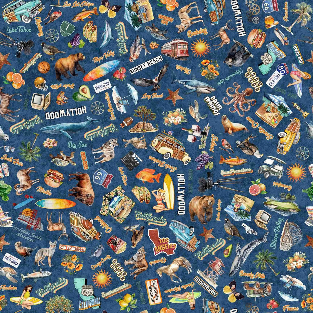 Quilting Treasures Fabric - California Dreaming, California Icons, Navy || SOLD BY THE HALF YARD
