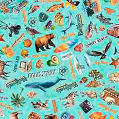 Quilting Treasures Fabric - California Dreaming, California Icons, Turquoise || SOLD BY THE HALF YARD