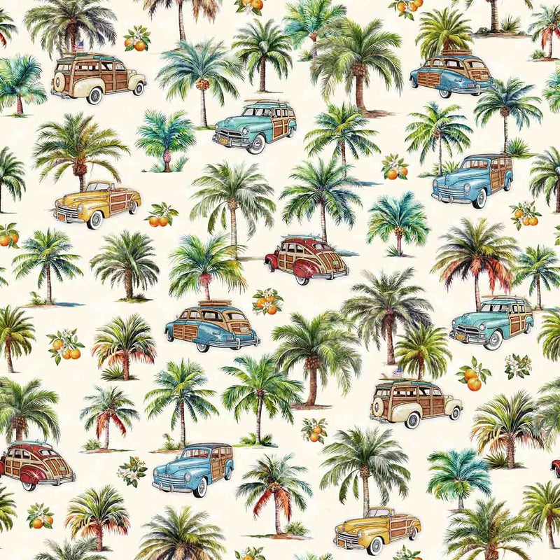 Quilting Treasures Fabric - California Dreaming, Palms, Trees & Cars, Ecru || SOLD BY THE HALF YARD
