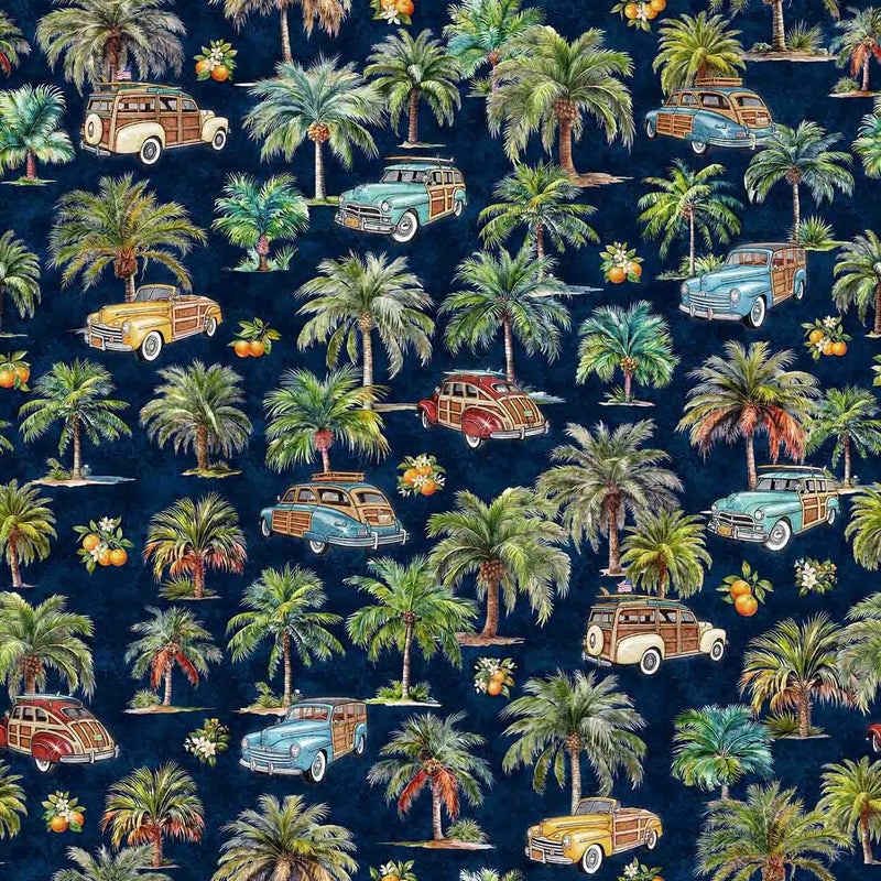 Quilting Treasures Fabric - California Dreaming, Palms, Trees & Cars, Midnight || SOLD BY THE HALF YARD