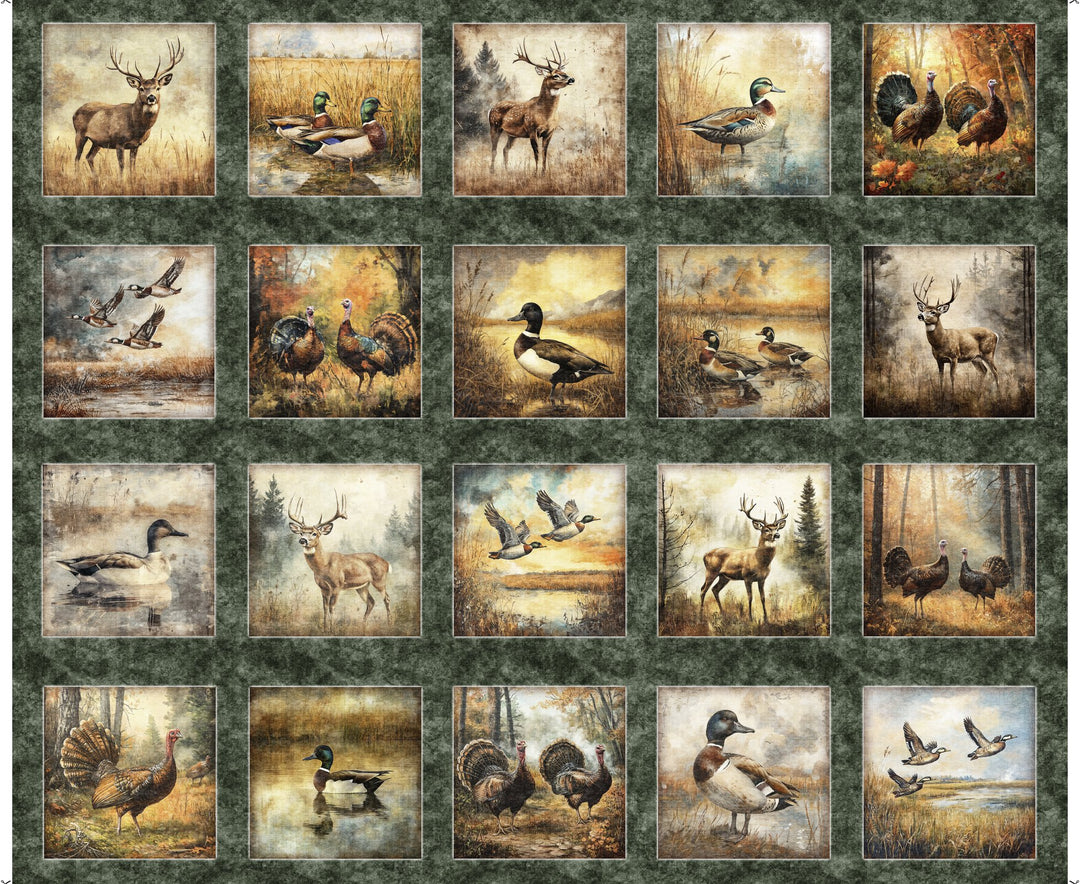 Quilting Treasures Fabric - Forest, Field and Streams, Wildlife Picture Panel, Pine 36"