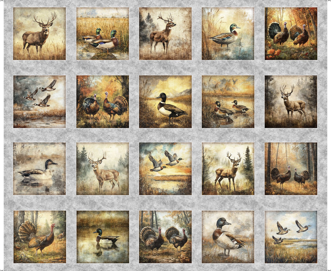 Quilting Treasures Fabric - Forest, Field and Streams, Wildlife Picture Panel, Gray 36"