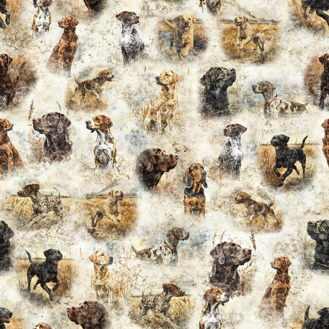 Quilting Treasures Fabric - Forest, Field and Streams, Hunting Dogs, Cream || SOLD BY THE HALF YARD