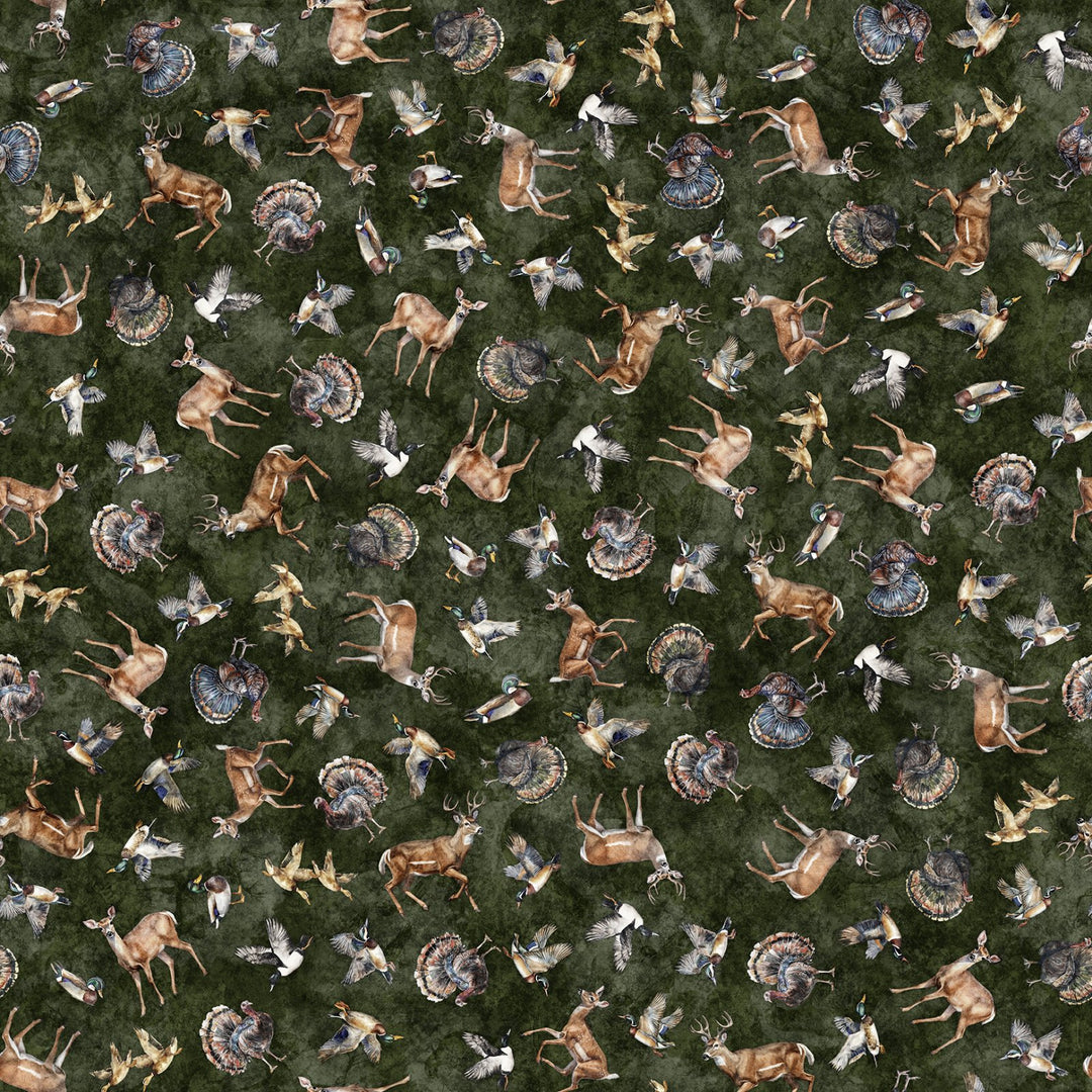 Quilting Treasures Fabric - Forest, Field and Stream, Wildlife Toss, Pine || SOLD BY THE YARD