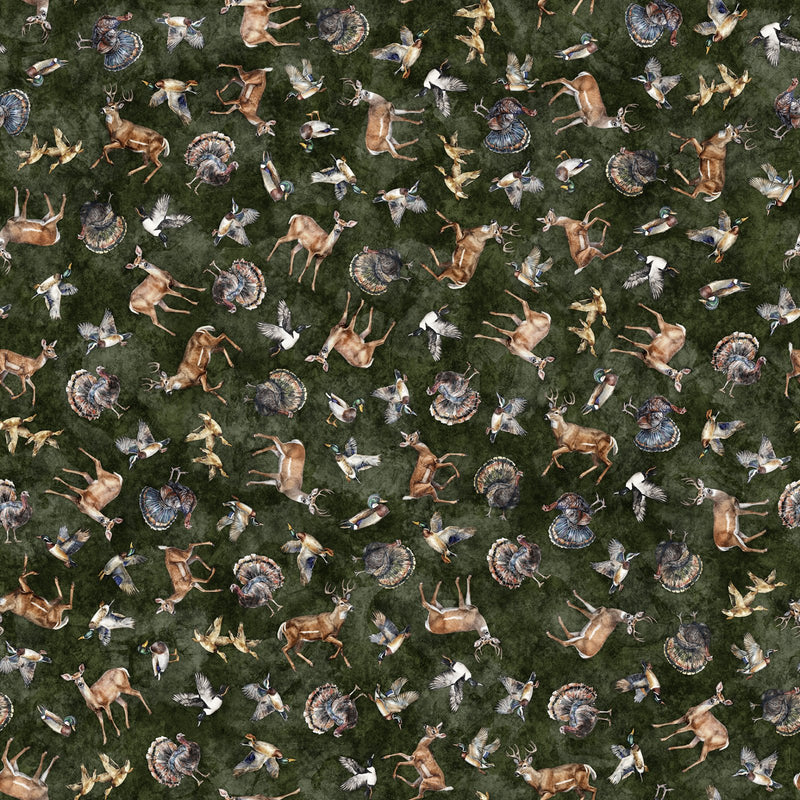 Quilting Treasures Fabric - Forest, Field and Stream, Wildlife Toss, Pine || SOLD BY THE YARD