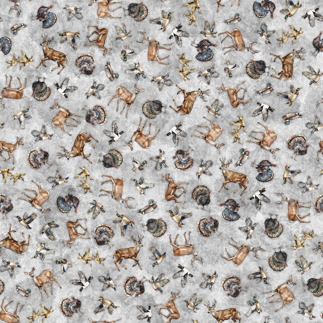 Quilting Treasures Fabric - Forest, Field and Stream, Wildlife Toss, Gray || SOLD BY THE HALF YARD