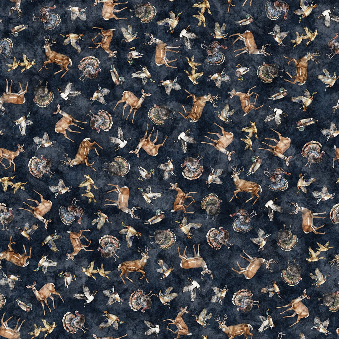 Quilting Treasures Fabric - Forest, Field and Stream, Wildlife Toss, Navy || SOLD BY THE HALF YARD