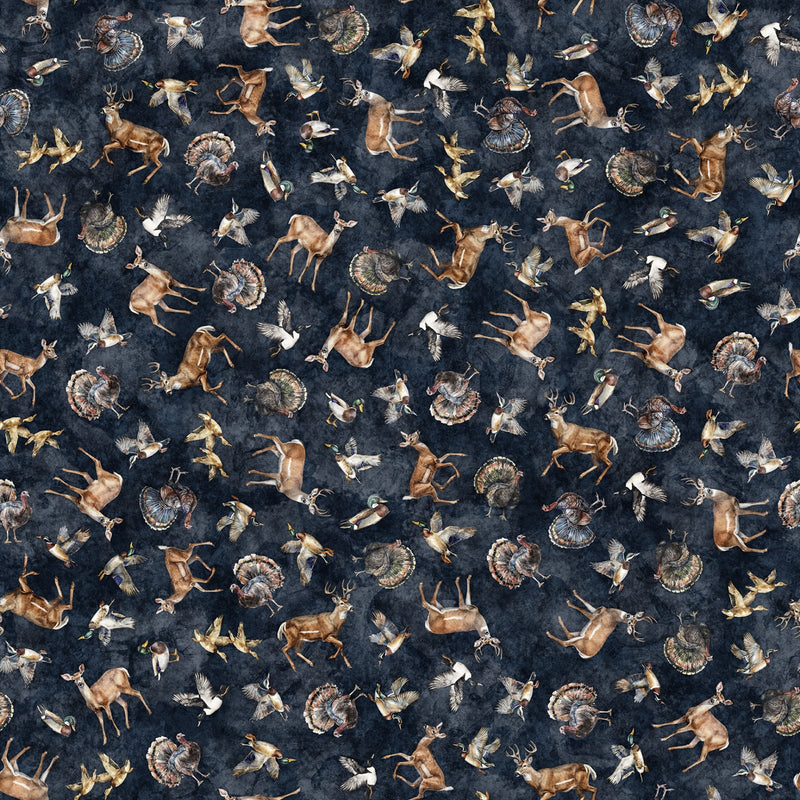 Quilting Treasures Fabric - Forest, Field and Stream, Wildlife Toss, Navy || SOLD BY THE HALF YARD