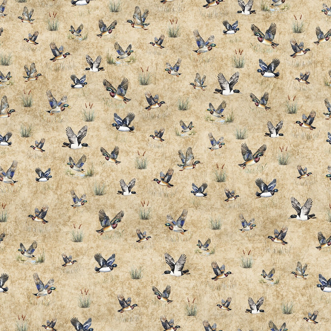 Quilting Treasures Fabric- Forest, Field and Stream, Ducks, Tan || SOLD BY THE HALF YARD