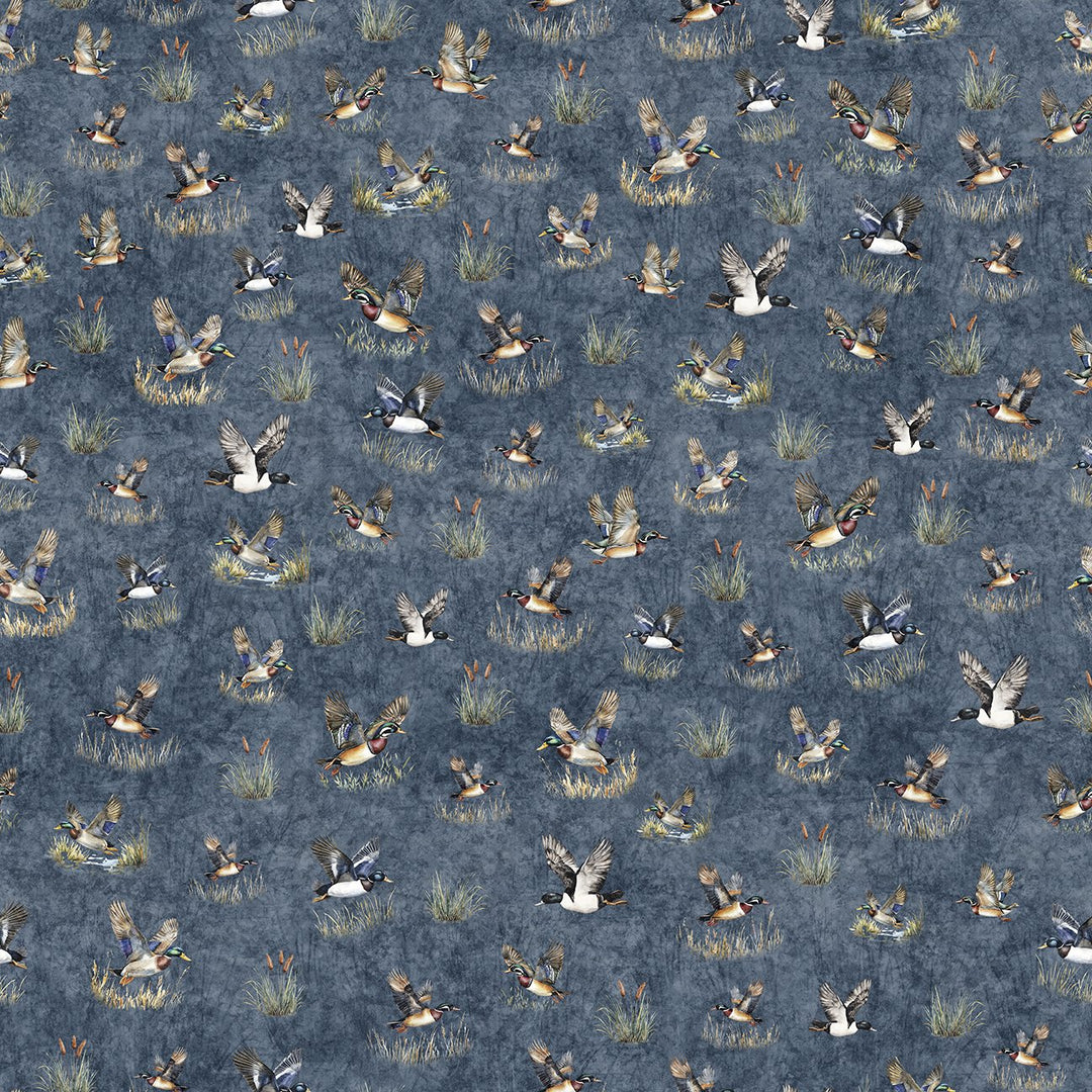 Quilting Treasures Fabric - Forest, Field and Stream, Ducks, Steel Blue || SOLD BY THE HALF YARD