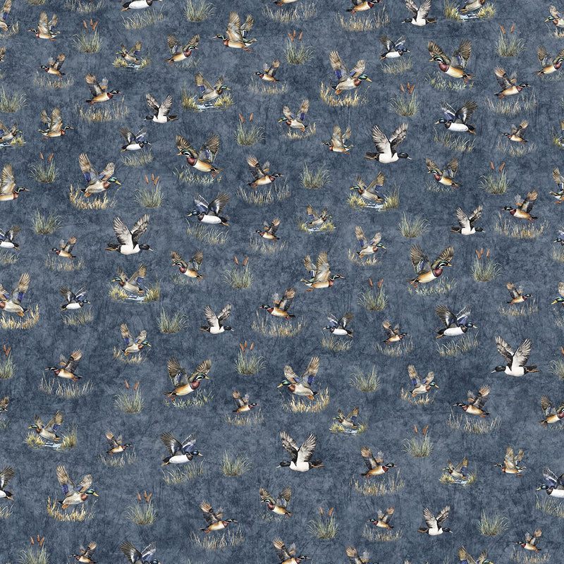 Quilting Treasures Fabric - Forest, Field and Stream, Ducks, Steel Blue || SOLD BY THE HALF YARD