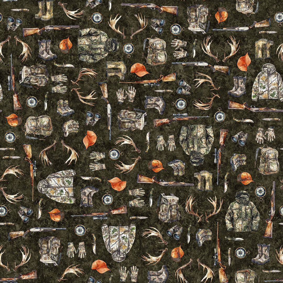Quilting Treasures Fabric - Forest, Field and Stream, Hunting Equipment, Dark Brown || SOLD BY THE HALF YARD