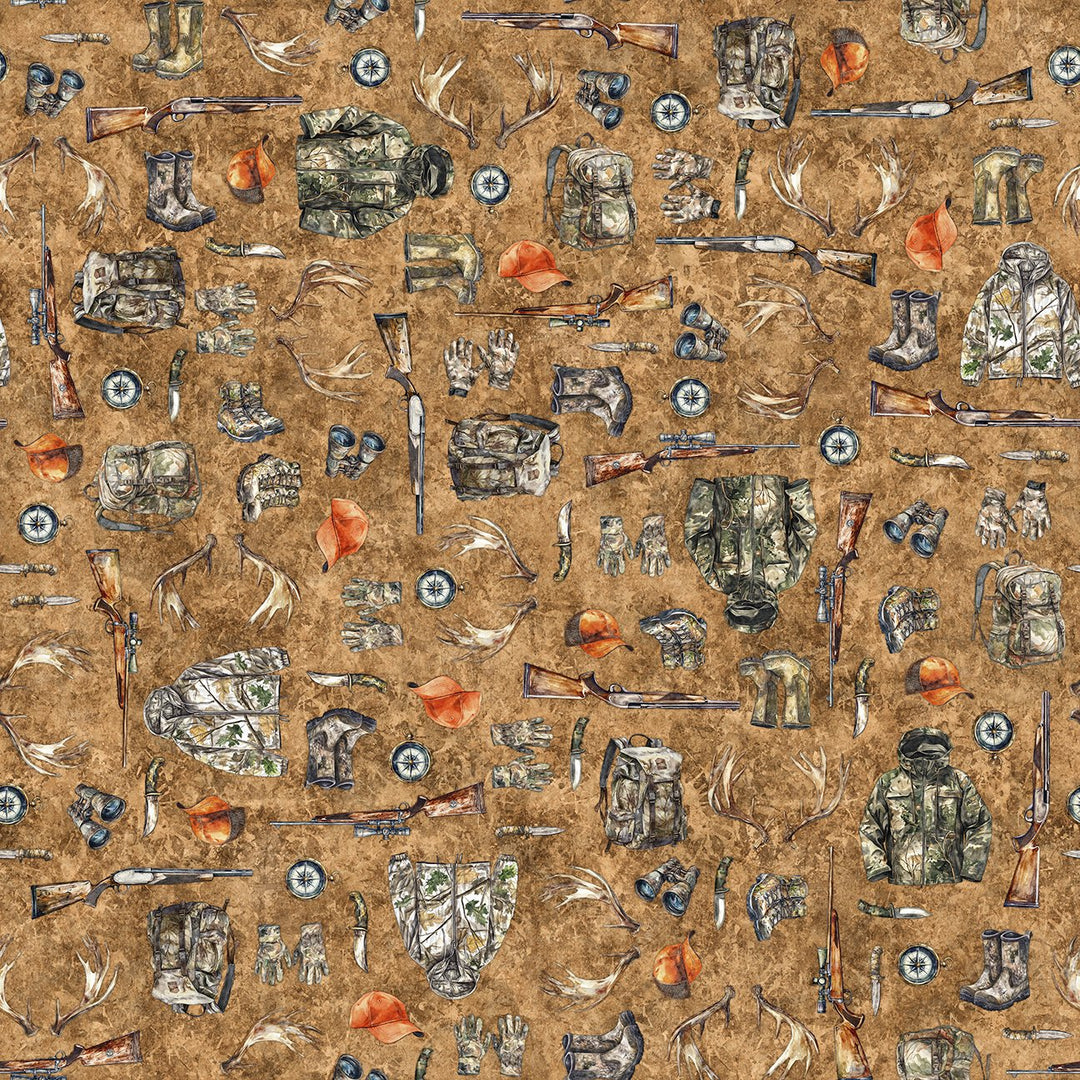 Quilting Treasures Fabric - Forest, Field and Stream, Hunting Equipment, Terracotta || SOLD BY THE HALF YARD