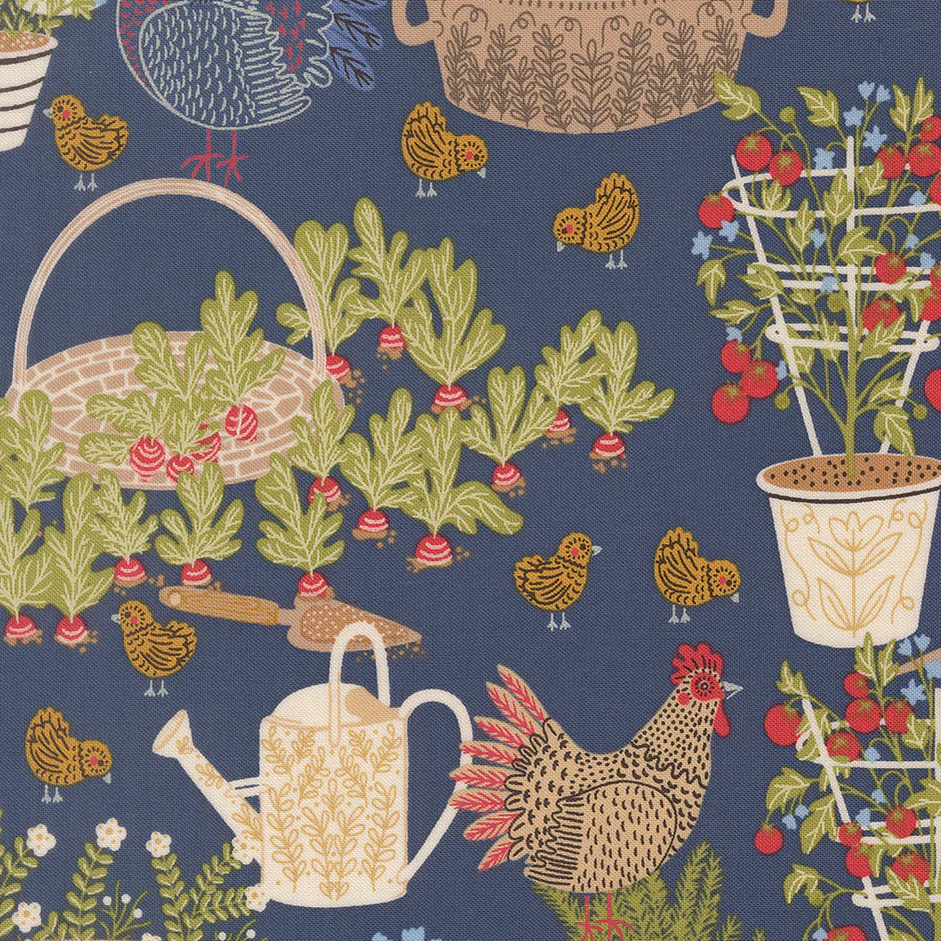 Moda Fabrics - The Henhouse, Chicken Garden Landscape and Nature, Denim || SOLD BY THE HAF YARD