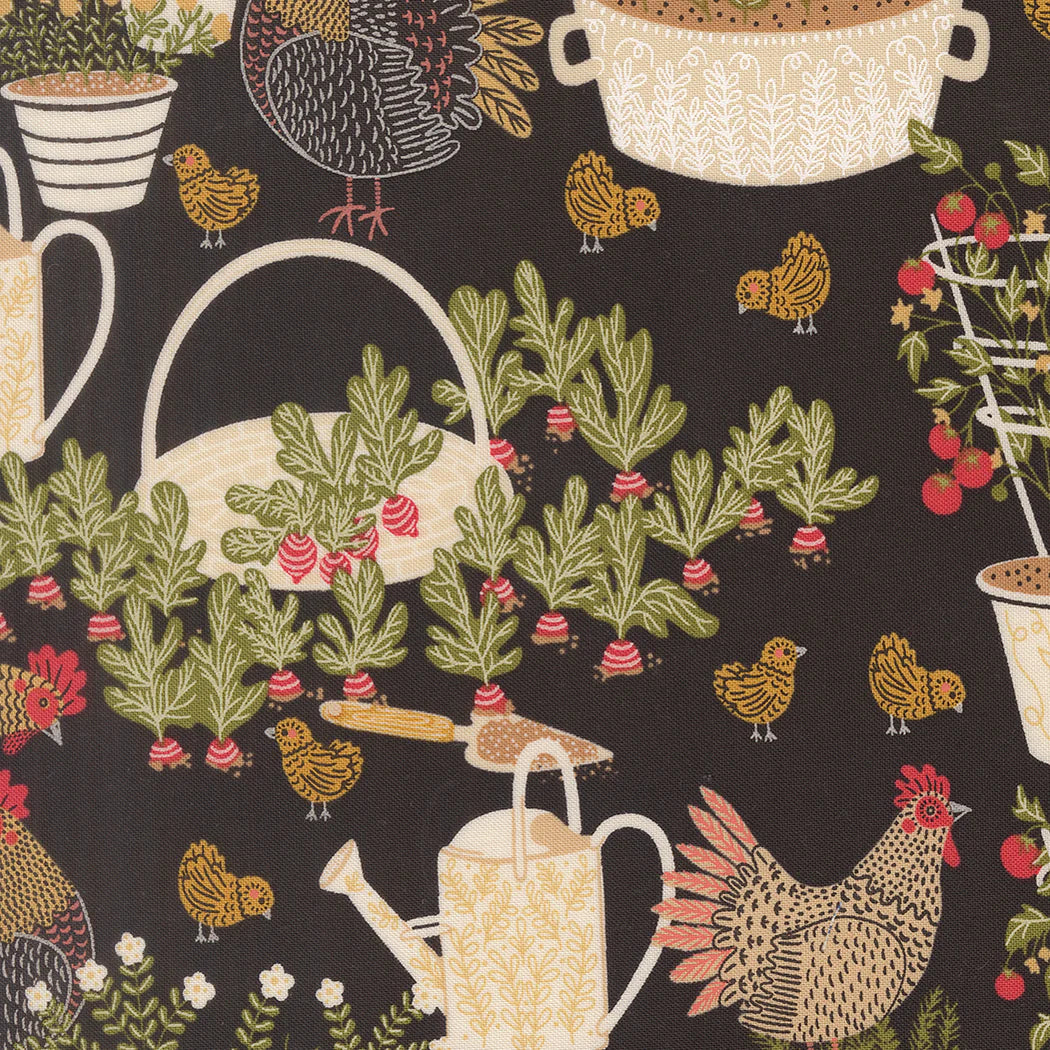Moda Fabrics - The Henhouse, Chicken Garden Landscape and Nature, Iron || SOLD BY THE HALF YARD