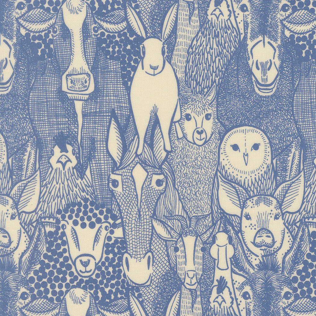 Moda Fabrics - The Henhouse, Barnyard Faces Novelty Animals, Cobalt || SOLD BY THE HALF YARD