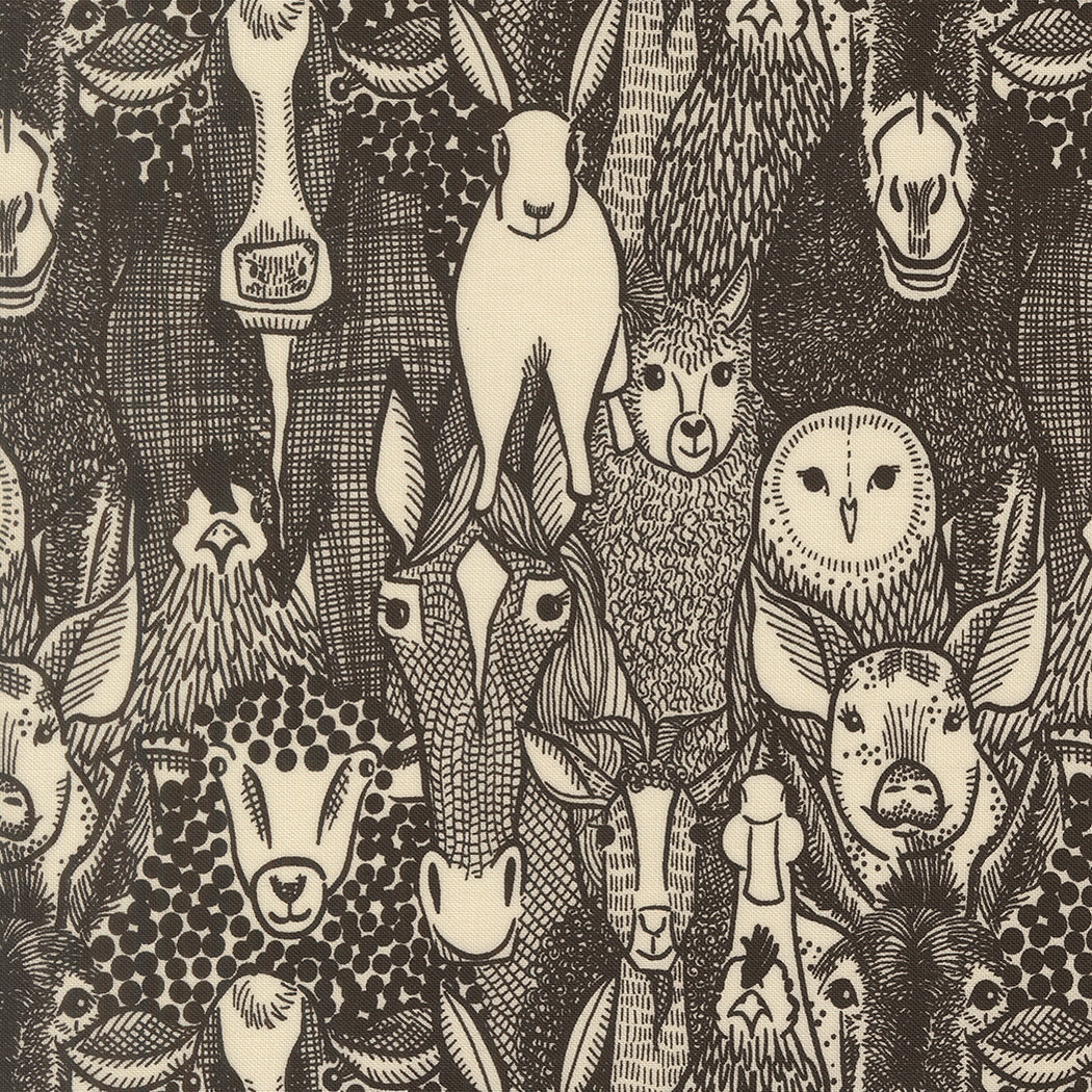 Moda Fabrics - The Henhouse, Barnyard Faces Novelty Animals, Iron || SOLD BY THE HALF YARD