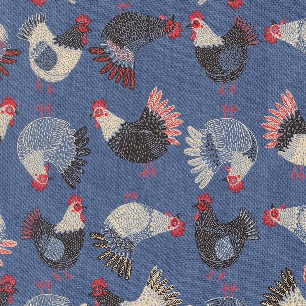 Moda Fabrics - The Henhouse, Tossed Hens Novelty, Cobalt || SOLD BY THE HALF YARD