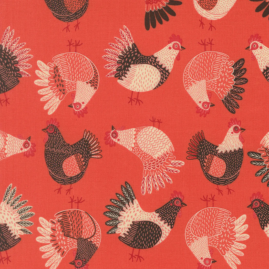 Moda Fabrics - The Henhouse, Tossed Chicken Novelty, Tomato || SOLD BY THE HALF YARD