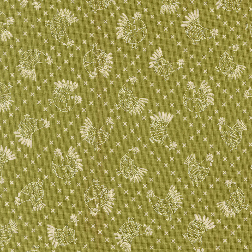 Moda Fabrics - The Henhouse, Cross Stitch Chickens Novelty, Grass | SOLD BY THE HALF YARD