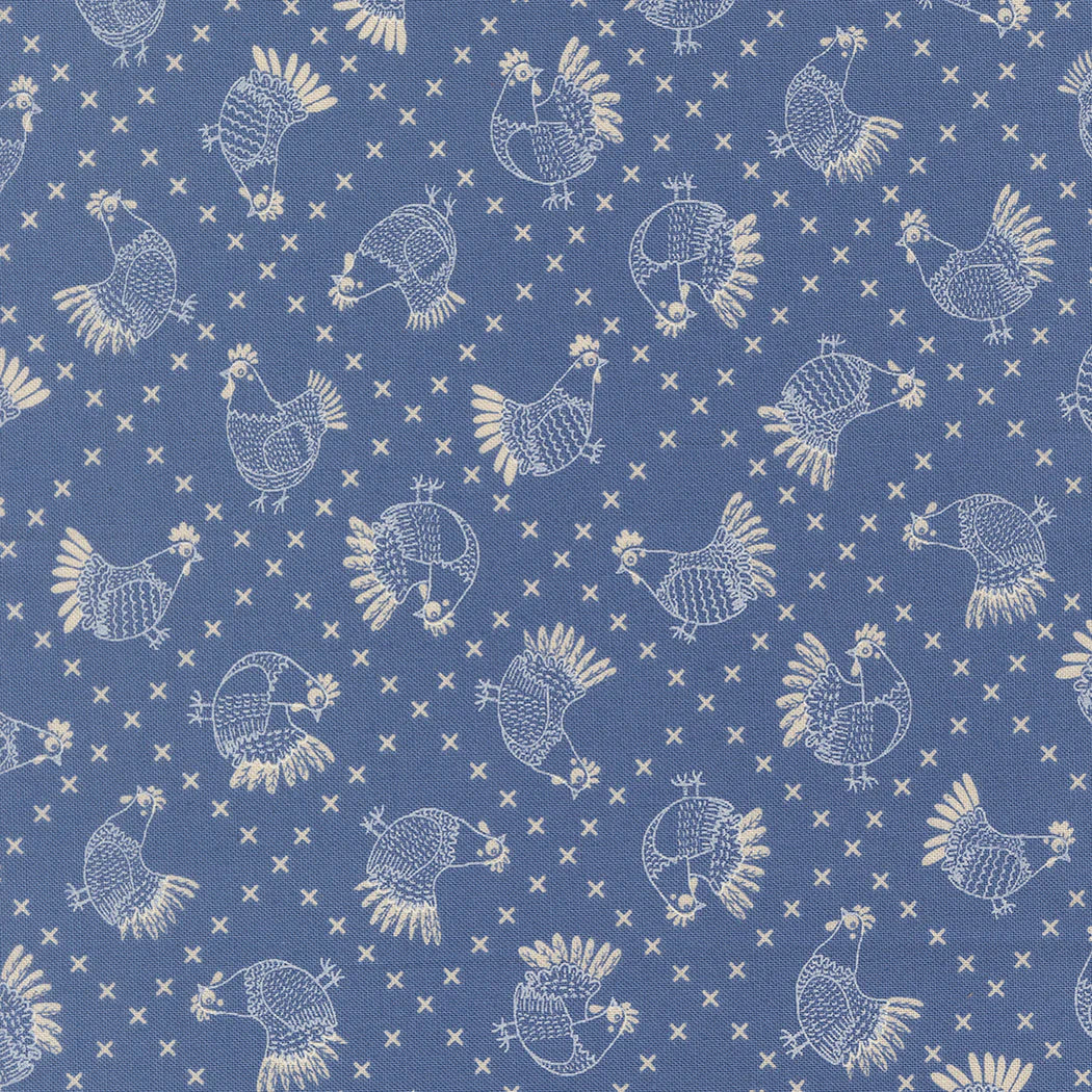 Moda Farbics - The Henhouse, Cross Stitch Chickens Novelty, Cobalt || SOLD BY THE HALF YARD