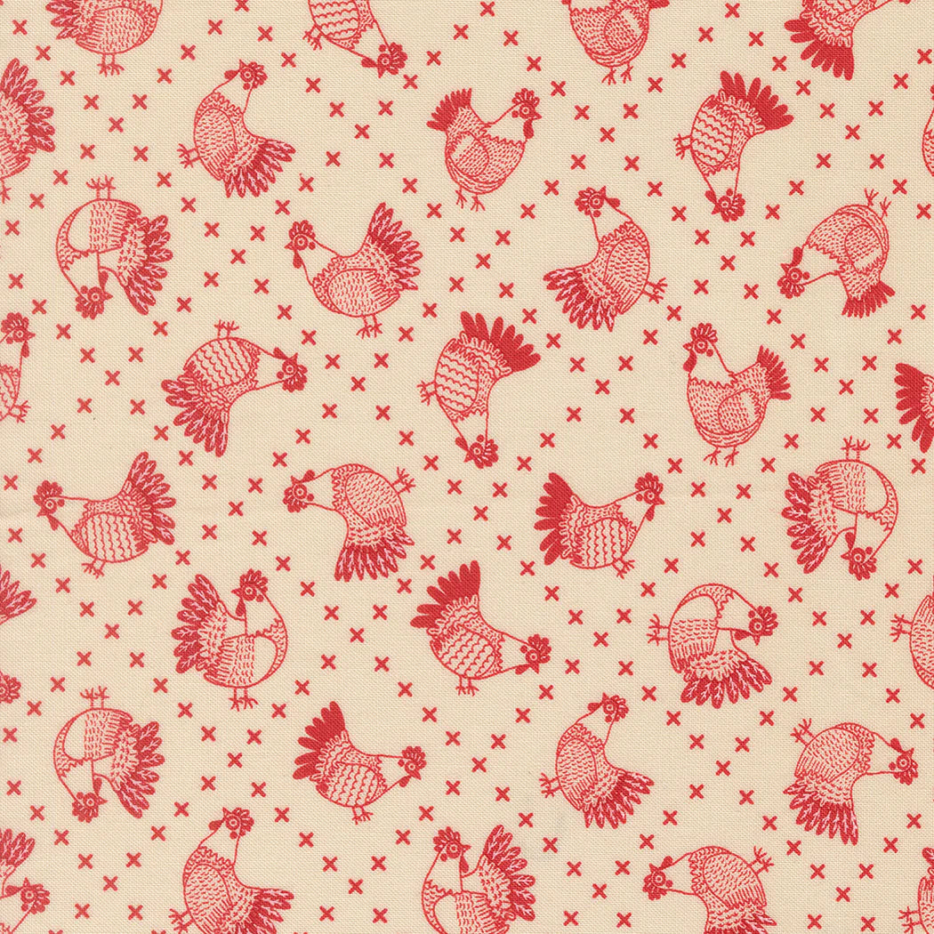 Moda Fabrics - The Henhouse, Cross Stitch Chickens Novelty, Barn || SOLD BY THE HALF YARD