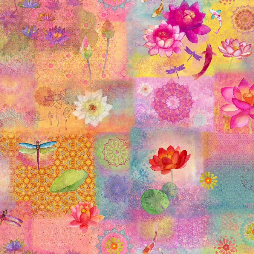 Clothworks Fabric - Lily Pond, Pink Patchwork, Orchid || SOLD BY THE HALF YARD