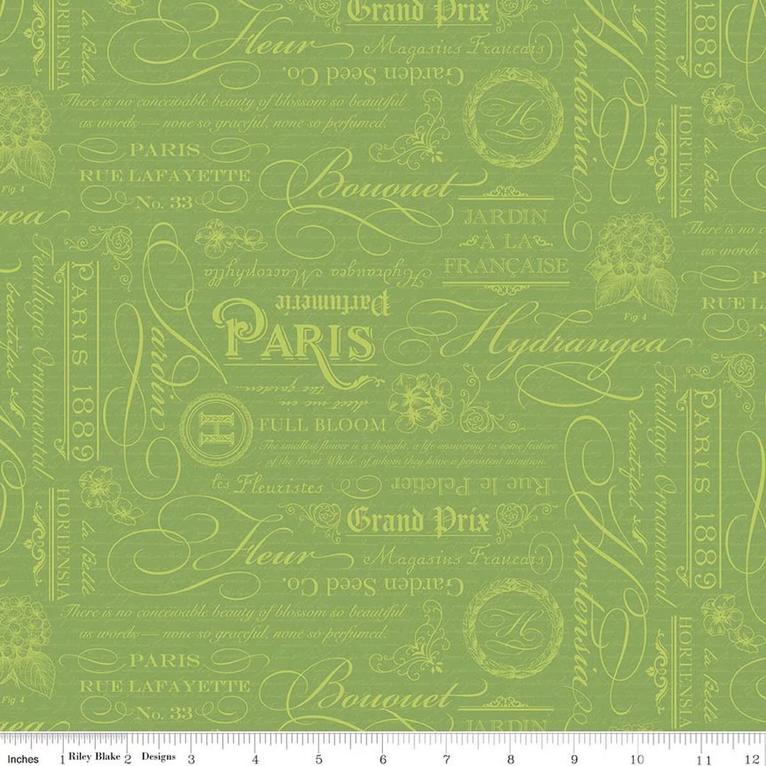 Riley Blake Designs - Hydrangeas in the Garden, Text, Green Pearl || SOLD BY THE HALF YARD