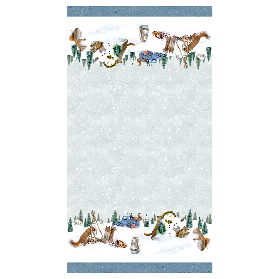 Clothworks Fabrics - The Secret Life of Squirrels II, Snow Activity Squirrels Double Border, Mist Gray || SOLD BY THE HALF YARD