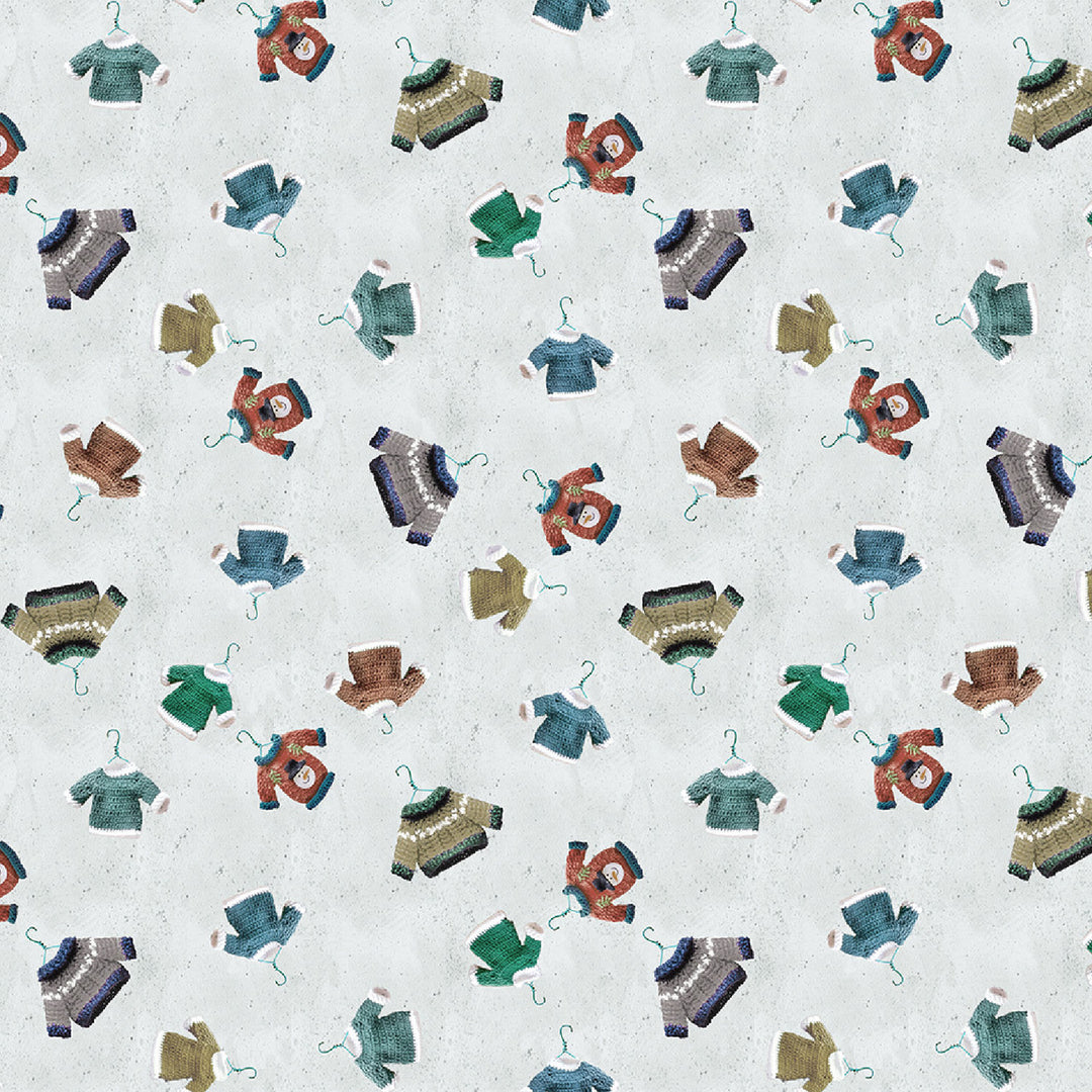 Clothworks Fabrics - The Secret Life of Squirrels II, Sweaters on Hangers, Mist Gray || SOLD BY THE HALF YARD