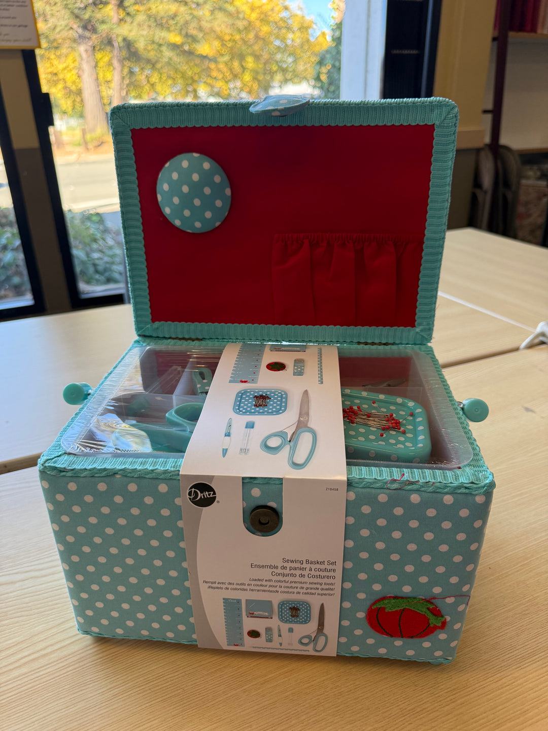 Premium Sewing Basket Set Large Aqua Dot