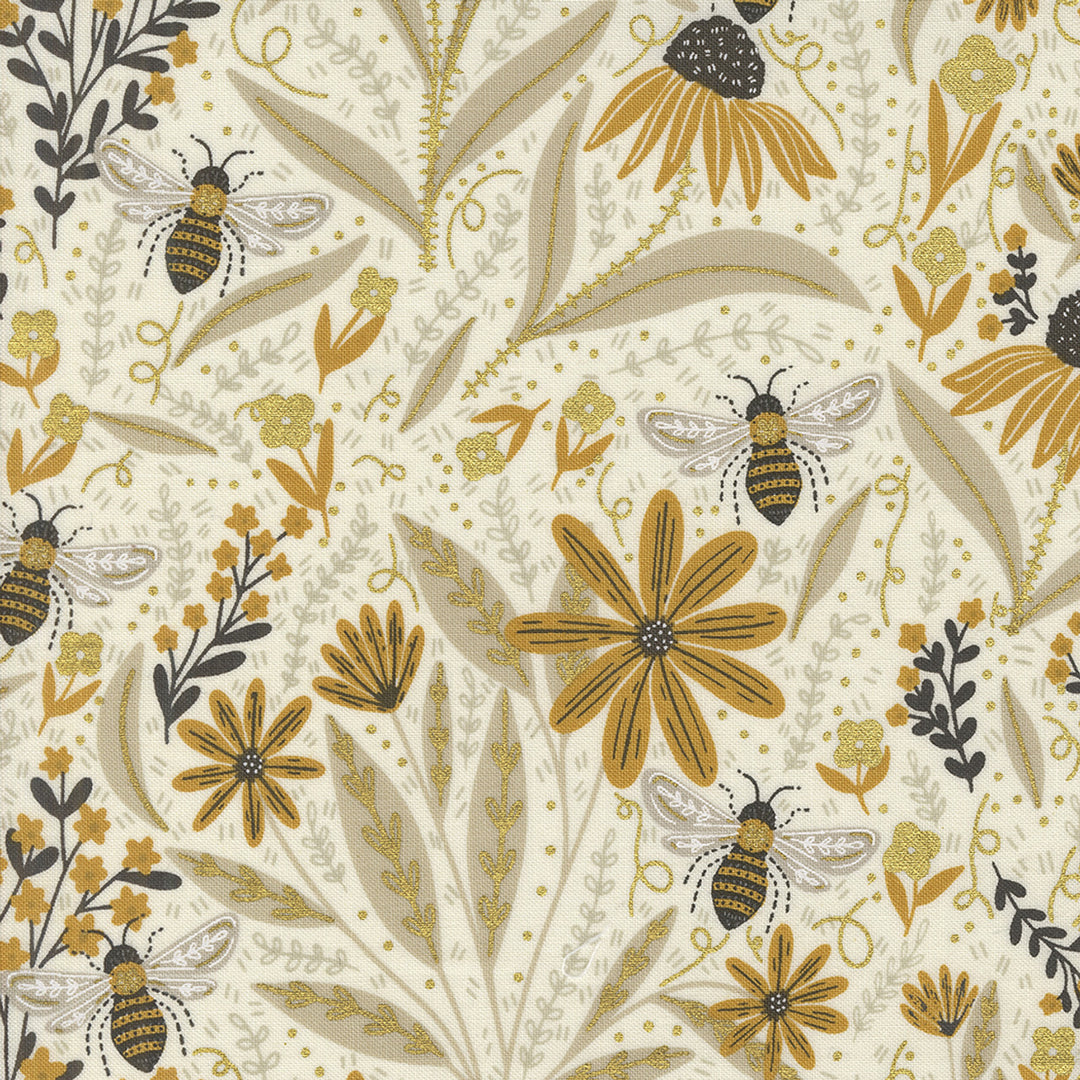 Moda Fabrics - Bee Garden - Bumblebee Metallic, Porcelain Cream || SOLD BY THE HALF-YARD