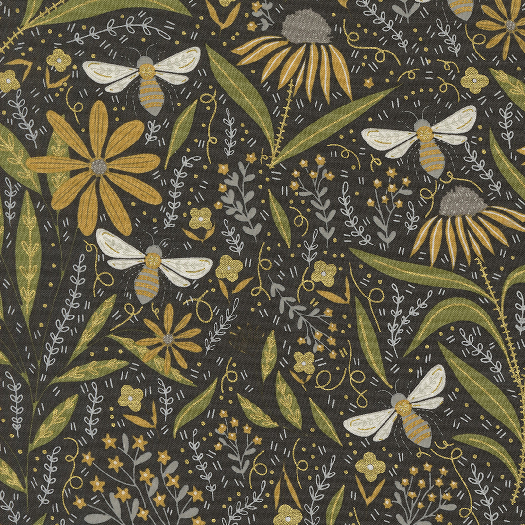 Moda Fabrics - Bee Garden - Bumblebee Metallic, Porcelain Black || SOLD BY THE HALF-YARD