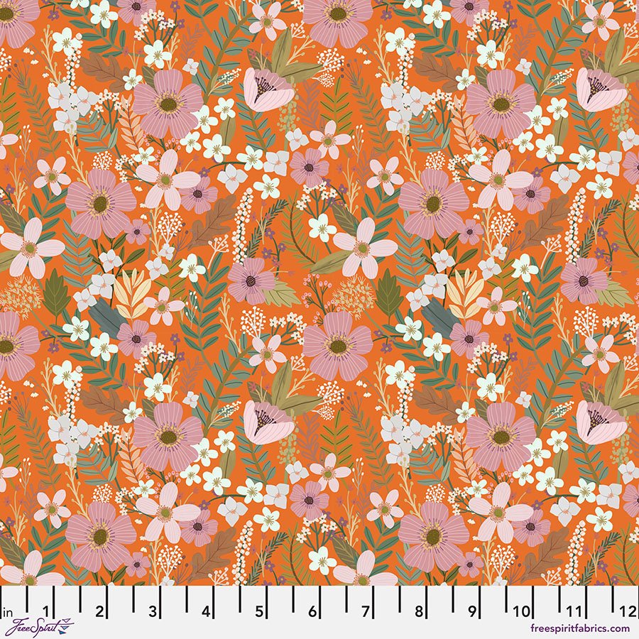 Free Spirit Fabrics - Autumn Friends, Floral Mist, Mango || SOLD BY THE HALF YARD