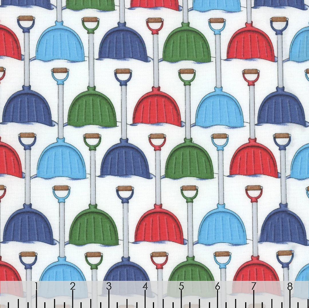 Free Spirit Fabrics - Snow Day, Snow Shovels, White || SOLD BY THE HALF YARD