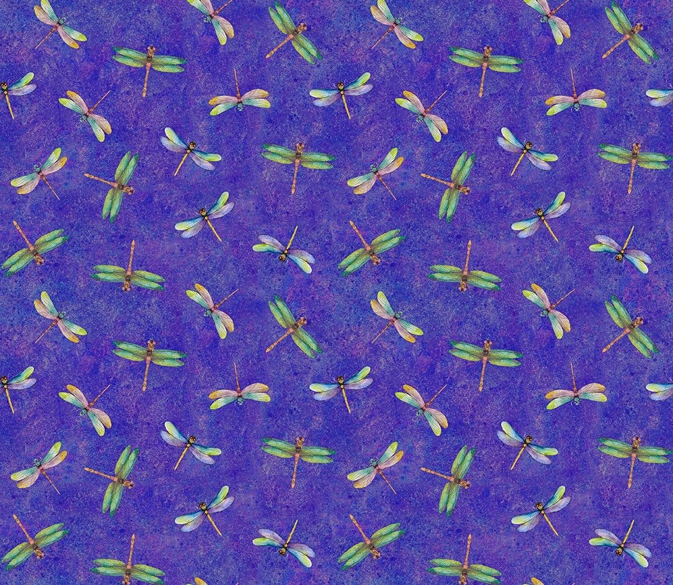 Clothworks Fabric - Lily Pond, Dragonflies, Dark Purple || SOLD BY THE HALF YARD