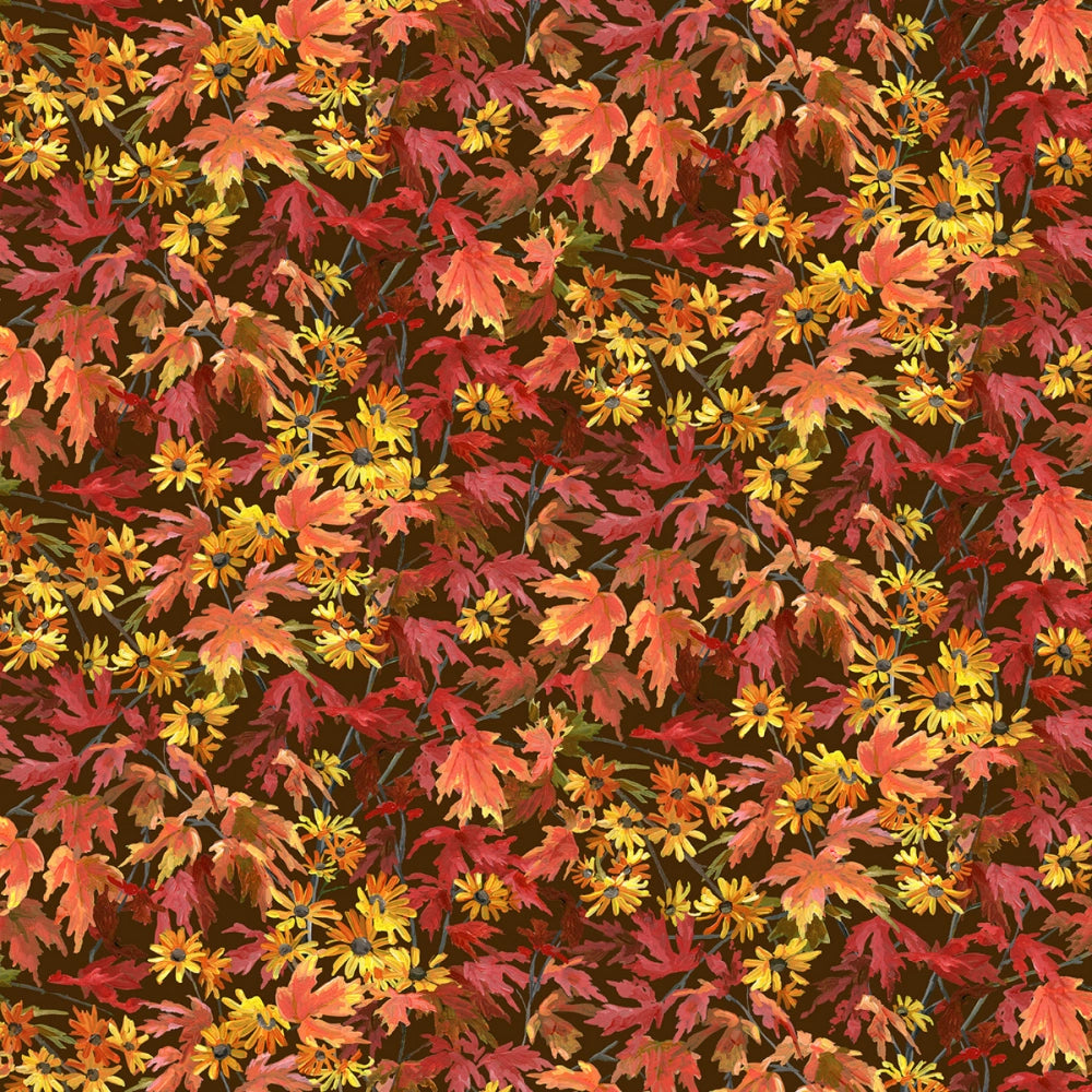P&B Textiles- Autumn Retreat, Tossed Leaves, Dark Brown || SOLD BY THE HALF YARD