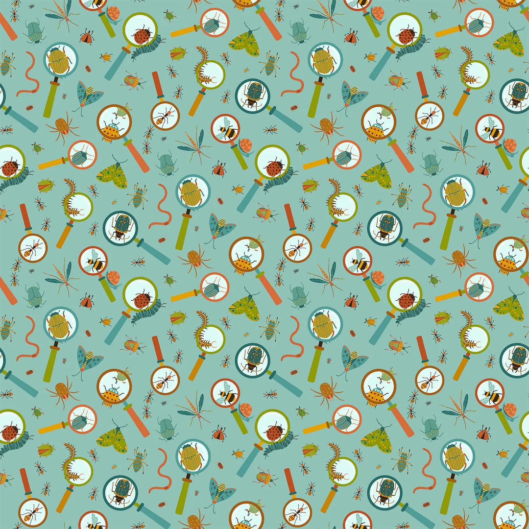 Northcott Fabrics - Backyard Bug Collector, Magnifying Glass, Turquoise Multi || SOLD BY THE HALF YARD