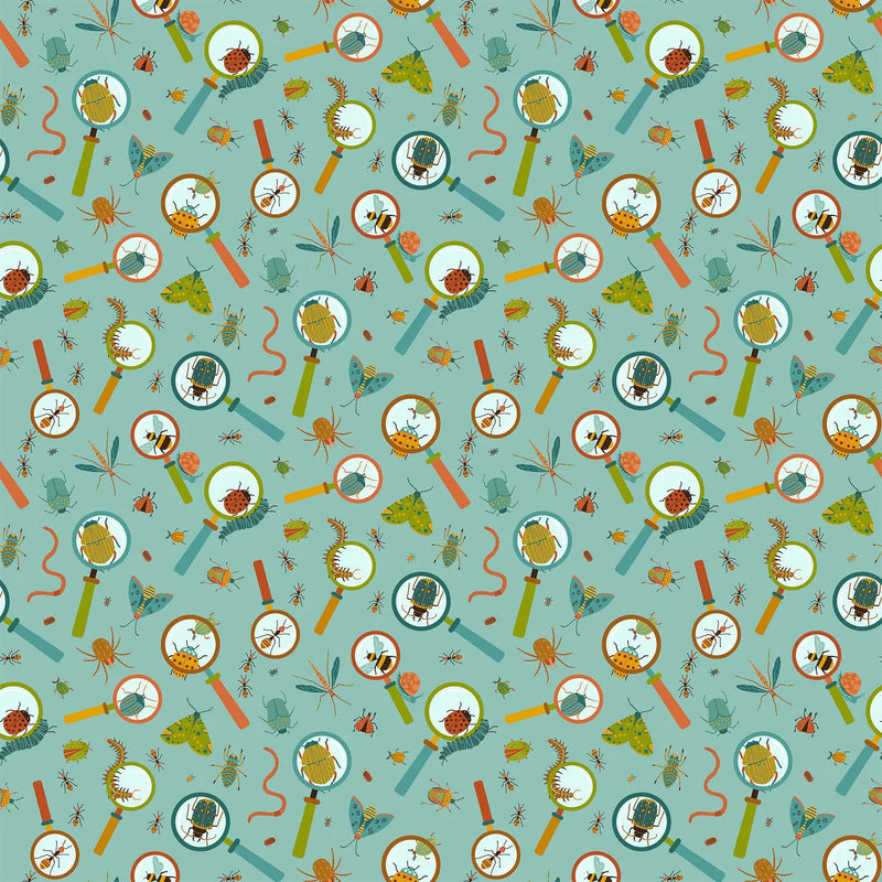 Northcott Fabrics - Backyard Bug Collector, Magnifying Glass, Turquoise Multi || SOLD BY THE HALF YARD