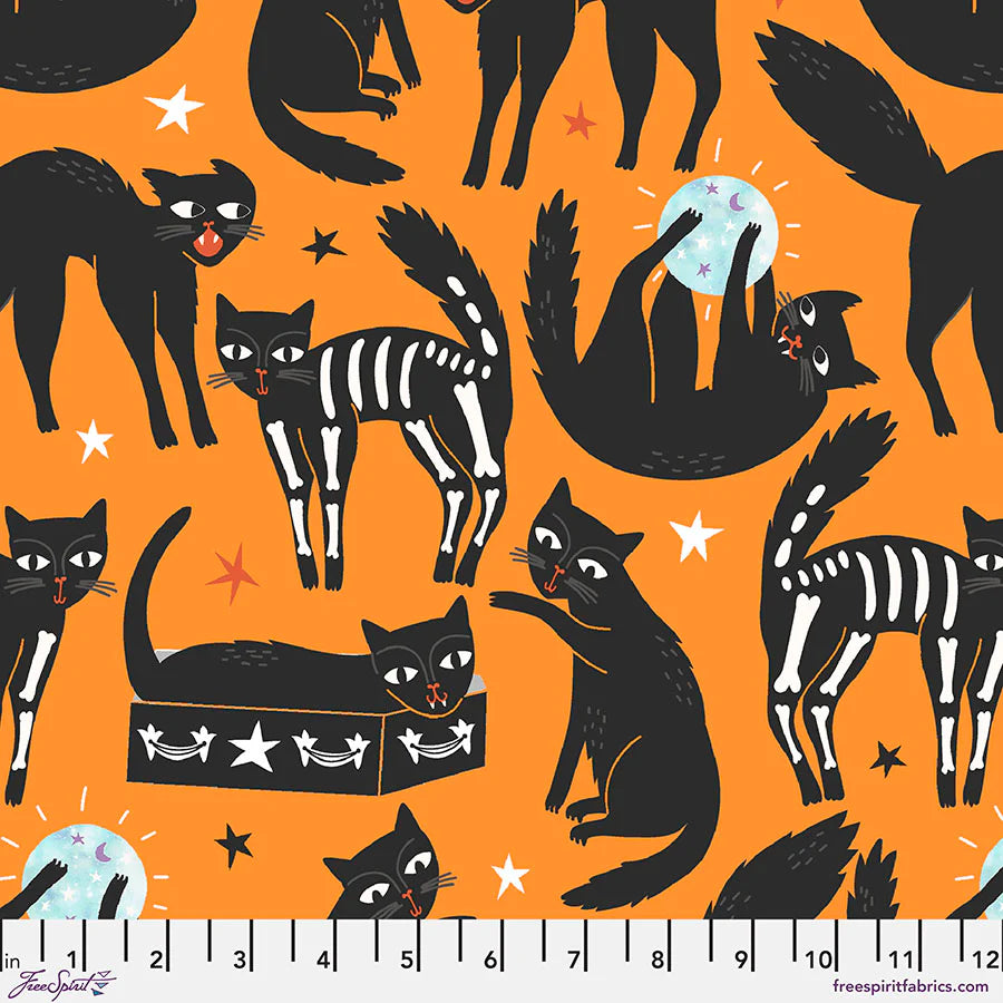 Free Spirit Fabrics - Spellbound, Nine Lives, Orange (GLOW) || SOLD BY THE HALF YARD