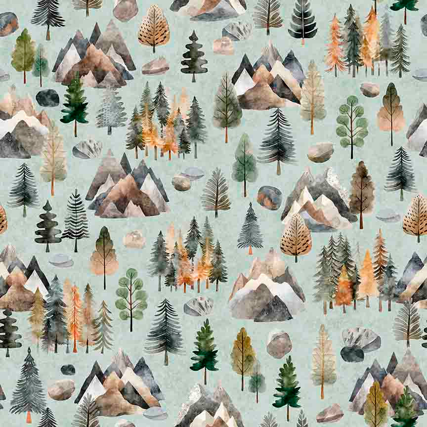 Quilting Treasures Fabric - Bigfoot, Group Pine Trees, Sage || SOLD BY THE HALF YARD