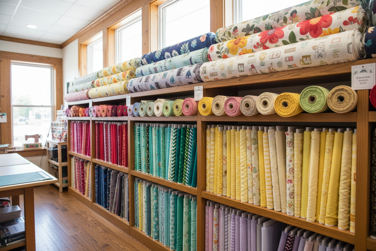 quilting fabric in display shelves